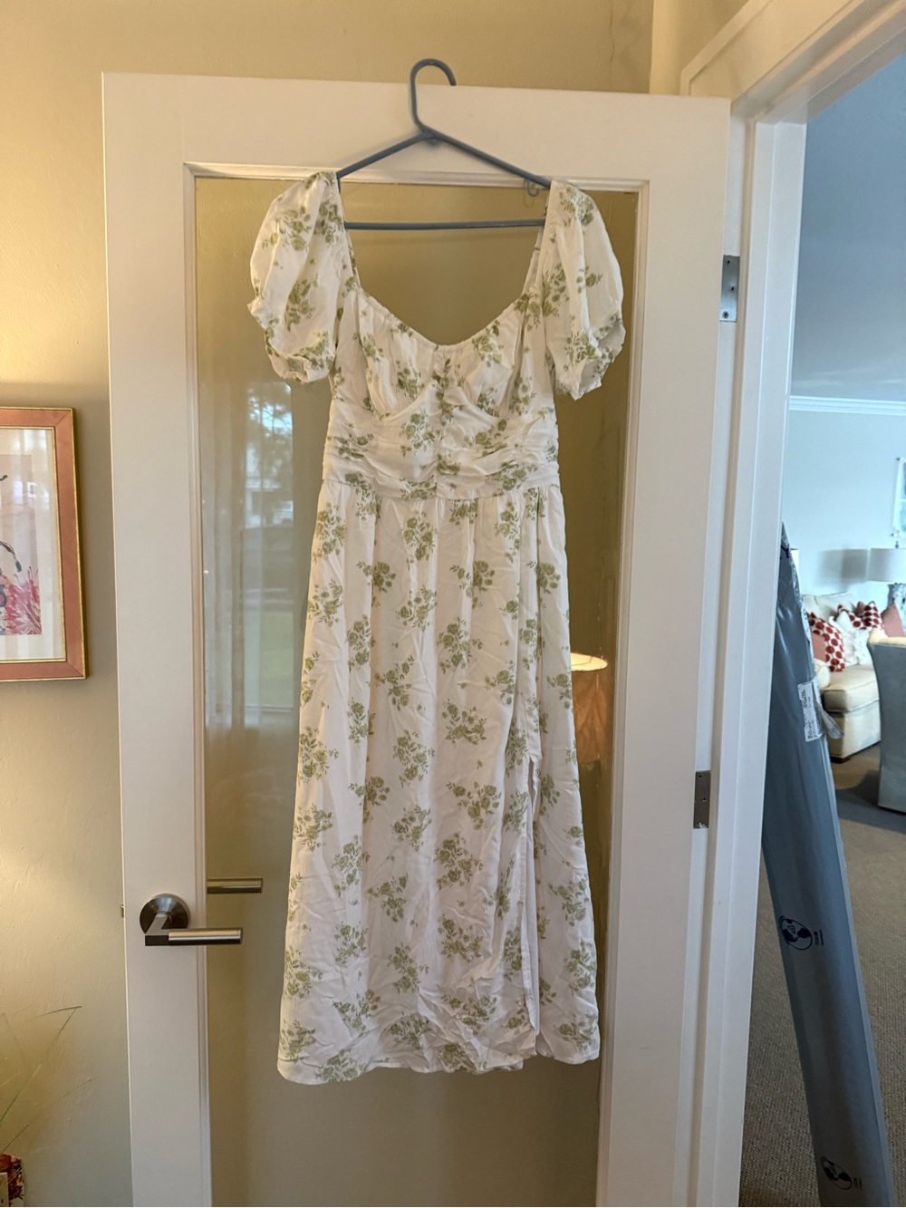 Hollister Floral Puff-Sleeve Midi Dress in White and Green